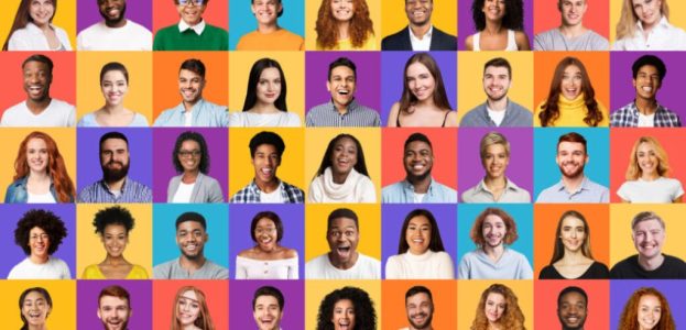 Set Of Mixed Race People Portraits Smiling On Different Backgrounds Set Of Mixed Race People Portraits Smiling On Different Backgrounds