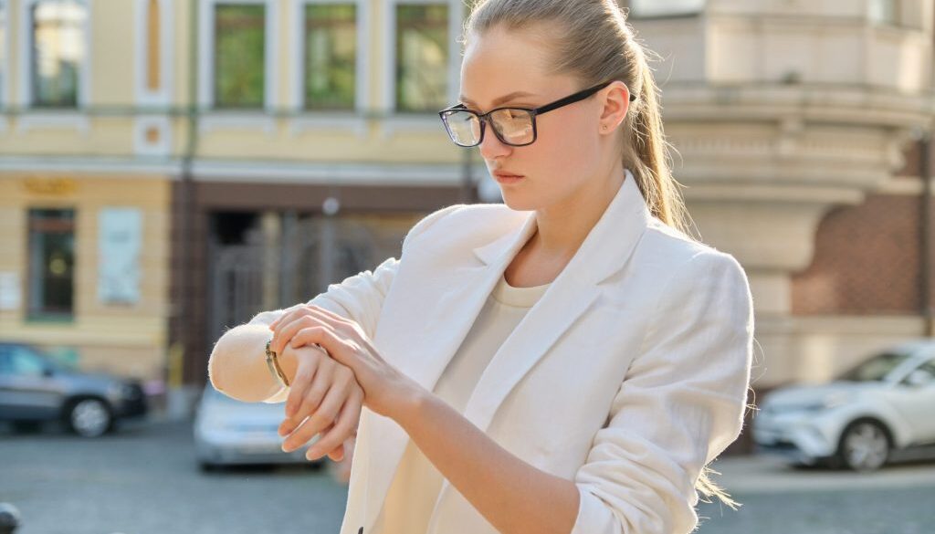 Young successful business woman looking at her wristwatch