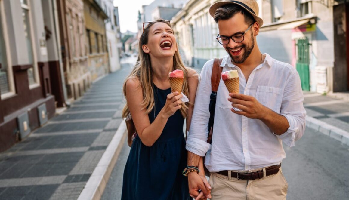 Portrait of happy couple having date and fun on vacation. People travel happiness concept.