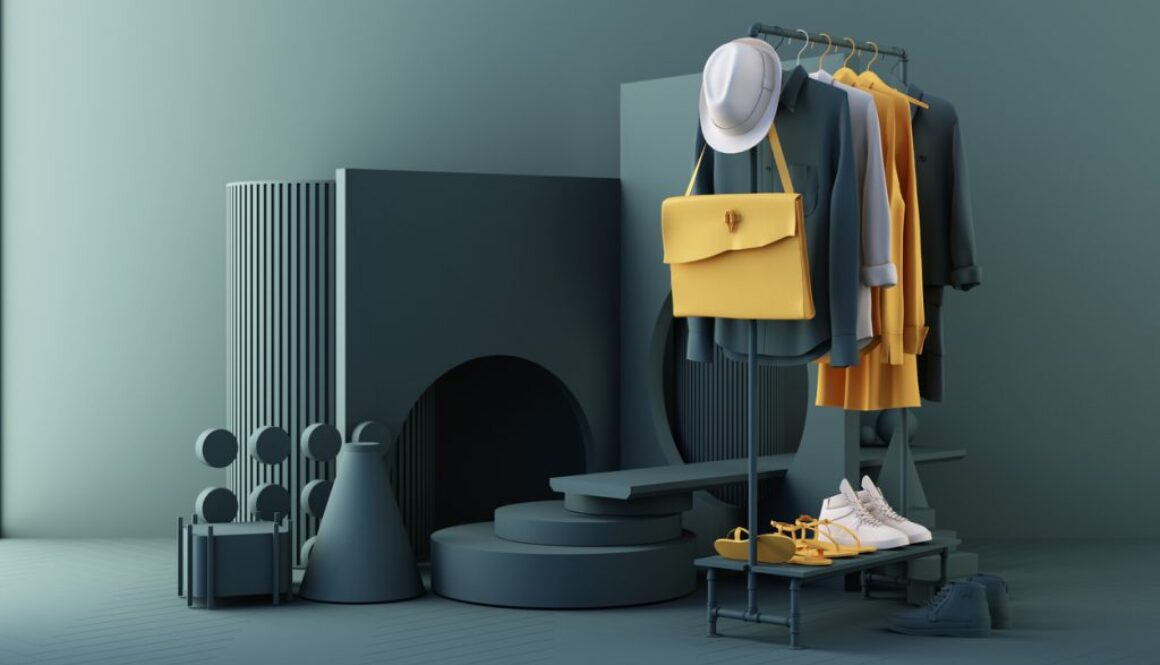 Clothes a hanger surrounding by bag and market prop with geometric shape on the floor in yellow and green color. 3d rendering