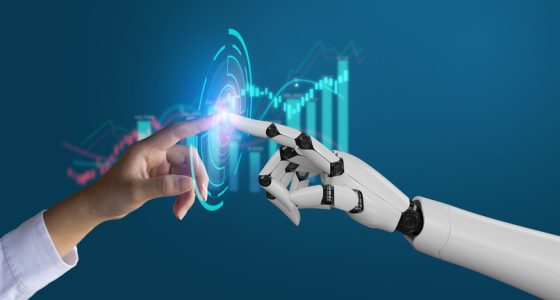 AI, Machine learning, robot hand ai artificial intelligence assistance human touching on big data network connection background, Science artificial intelligence technology, innovation and futuristic. AI, Machine learning, robot hand ai artificial intelligence assistance human touching on big data network connection background, Science artificial intelligence technology, innovation and futuristic.